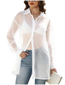 Women’s Sheer Mid Long Button Down Mesh Shirt