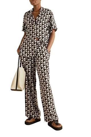 woman wearing patterned lounge clothing