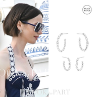 split image showing lily collins on left and two sets of earrings on right