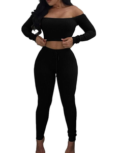 Women's 2 Piece Outfits Off Shoulder Long Sleeve Crop Top and Skinny Long Pants Set