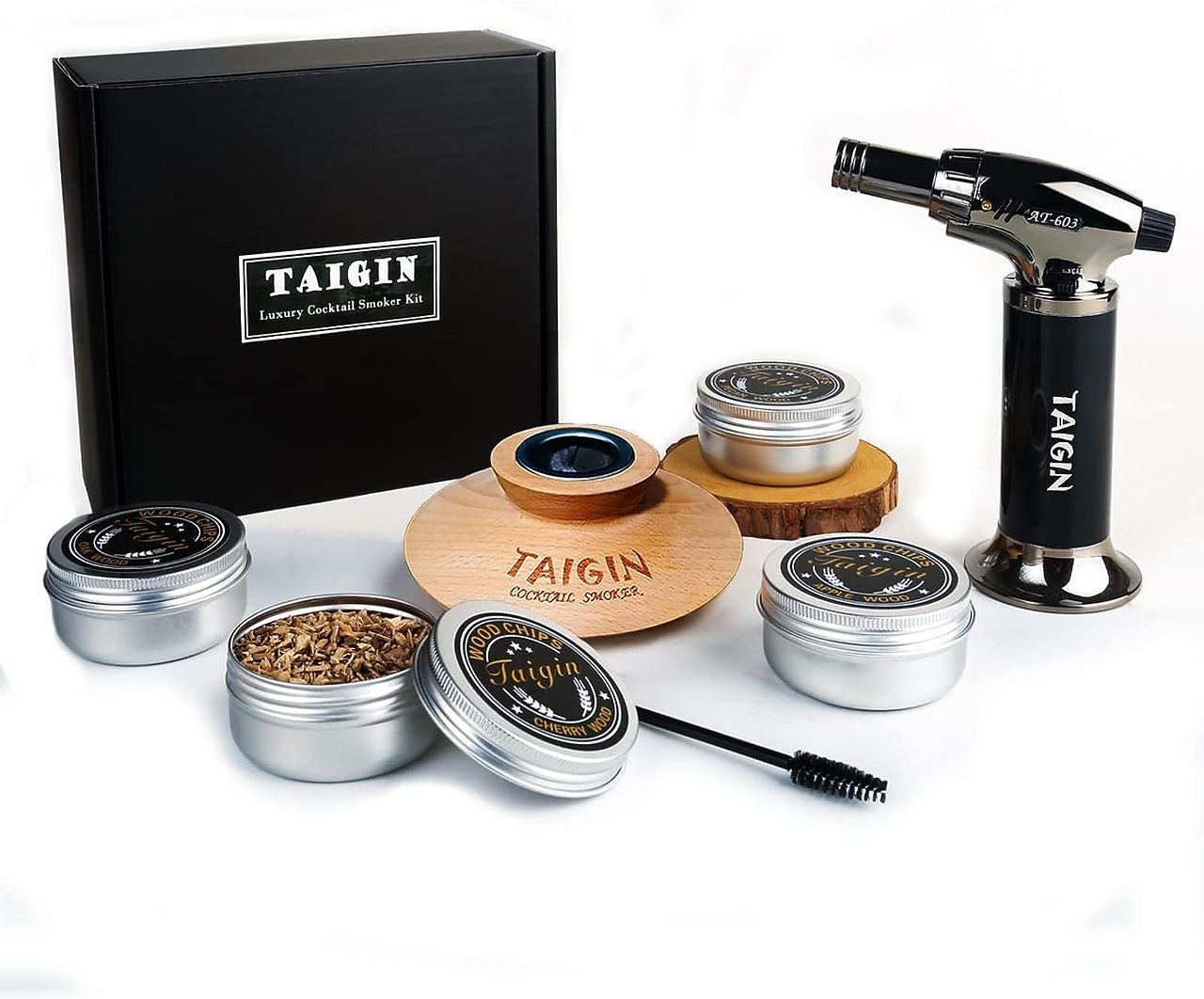 food torch and metal tins with wood chips