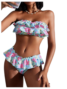 Women's Floral Bikini Set 2 Piece Bandeau Strapless Layered Ruffle Swimsuit