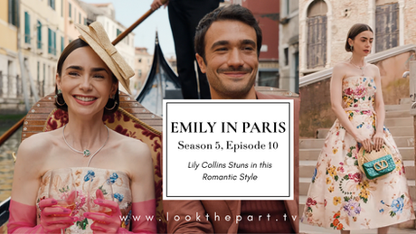 Lily Collins in Emily in Paris wearing a strapless dress in Venice