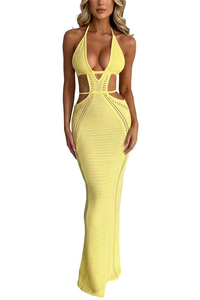 Women Sexy Crochet Cut Out Maxi Dress (in Yellow)