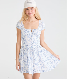 Floral Square-neck Drop-waist Mini Dress