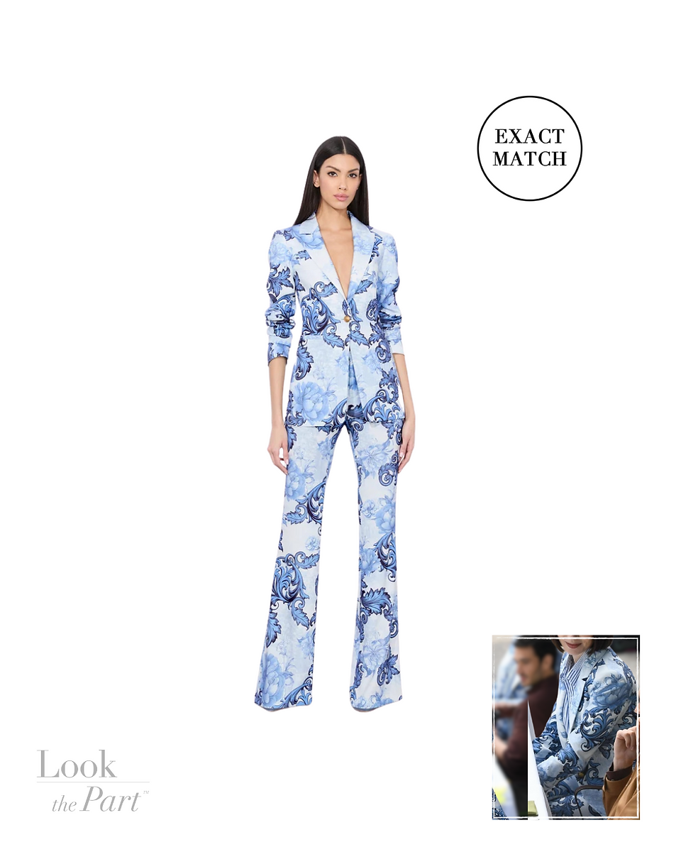 model wearing matching blue and white printed suit