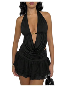 Women's Two Piece Deep V Draped Halter Top and Ruffled Mini Skirt Set (in Black)