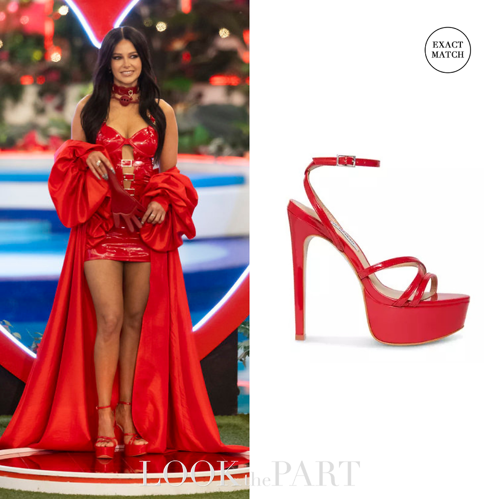 split image showing Ariana Madix in a red corset dress and red shoes on the left, and a silhouette of those red shoes on the right.