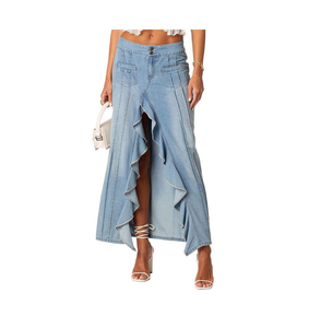 Women's Valencia Ruffle Slitted Denim Maxi Skirt - Blue