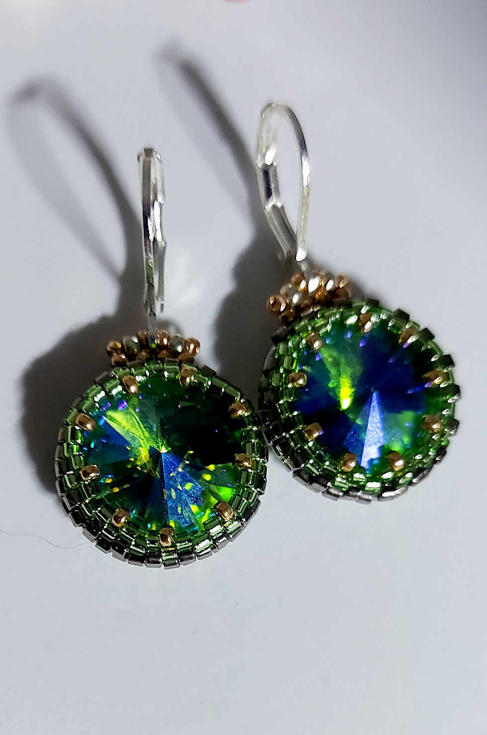 Thumbnail: Blue-green peacock crystals and nickel classic earrings 