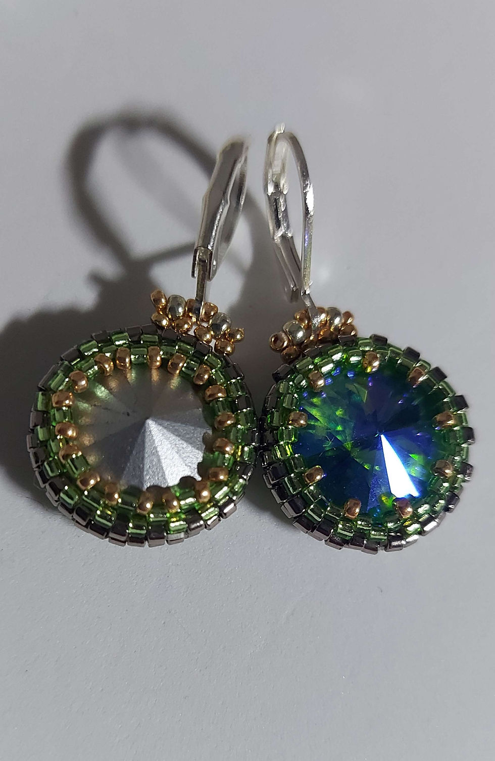 Thumbnail: Blue-green peacock crystals and nickel classic earrings 