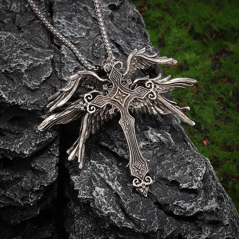 Thumbnail: Retro Gothic Jesus Wings Cross Pendant Necklace