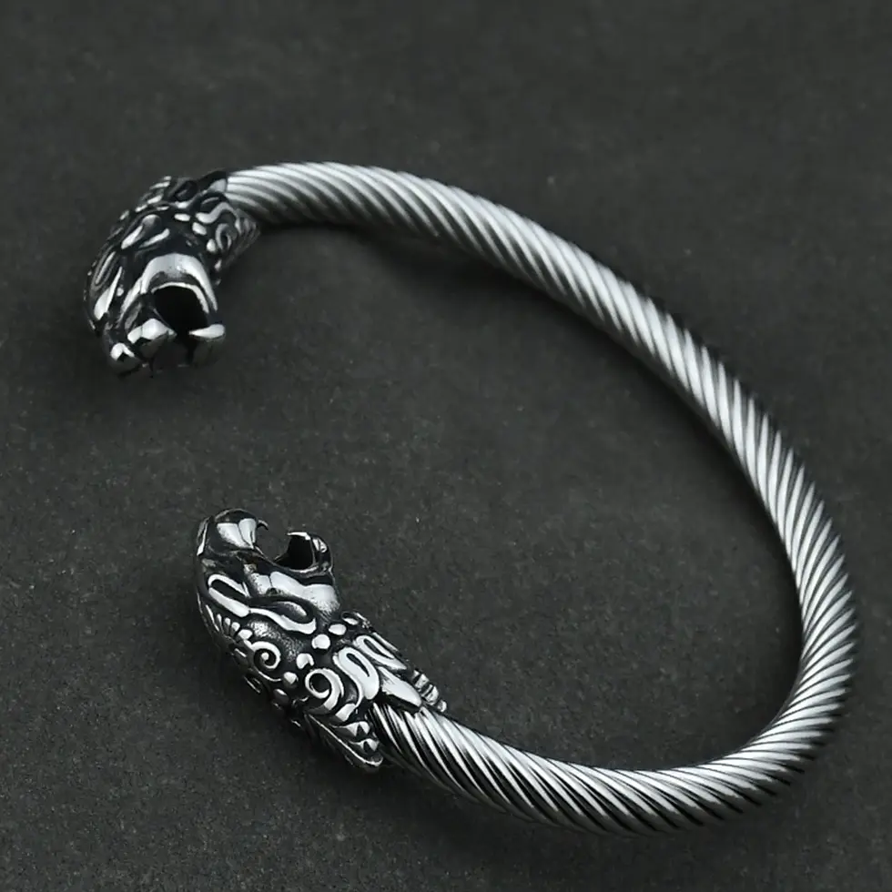 Thumbnail: Norse Viking Odin Wolf Scandinavian Stainlesss Steel Viking Wolf Bangle
