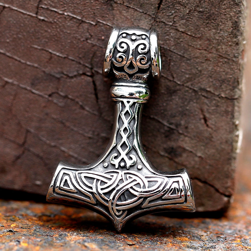 Thumbnail: Norse Vikings Thor's Hammer Mjolnir Scandinavian Rune Amulet Necklace Stainless 