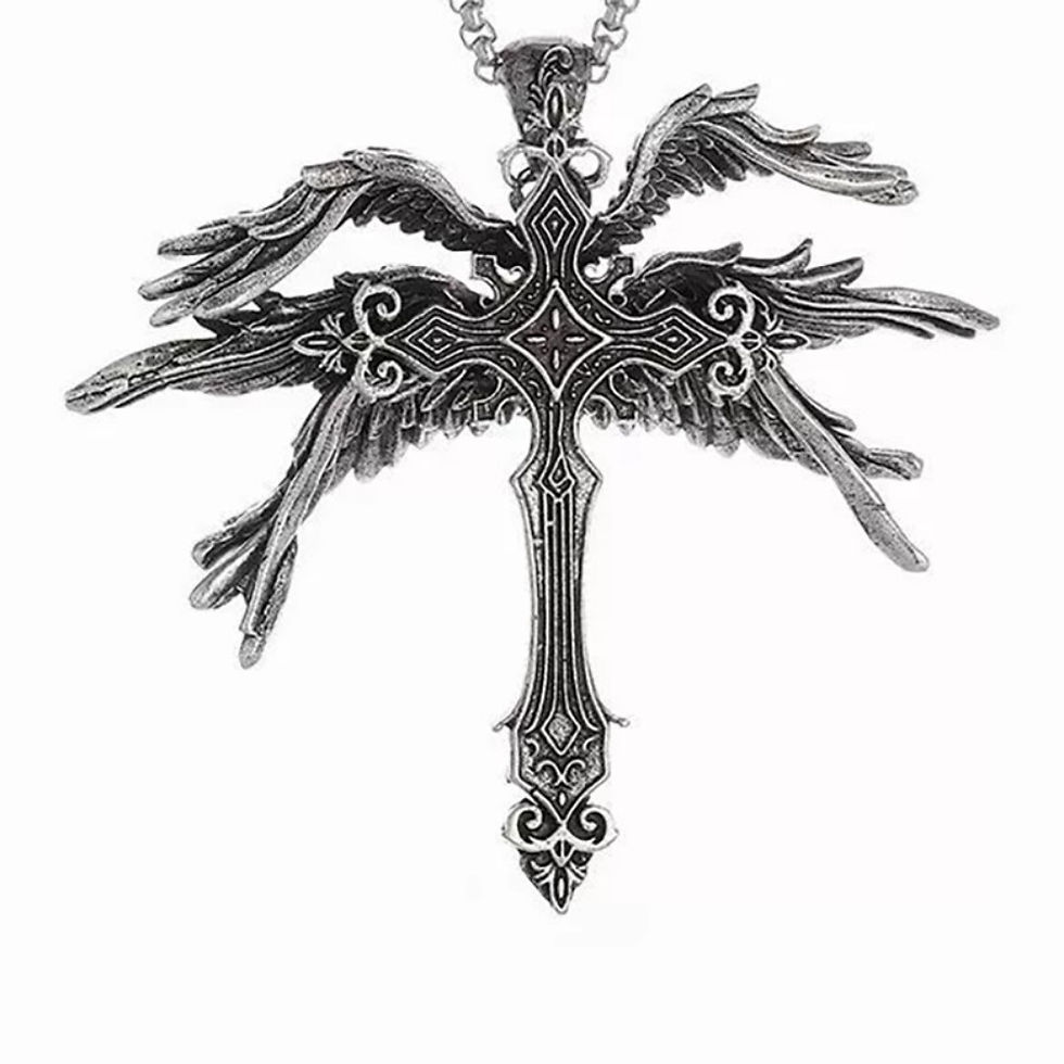 Thumbnail: Retro Gothic Jesus Wings Cross Pendant Necklace