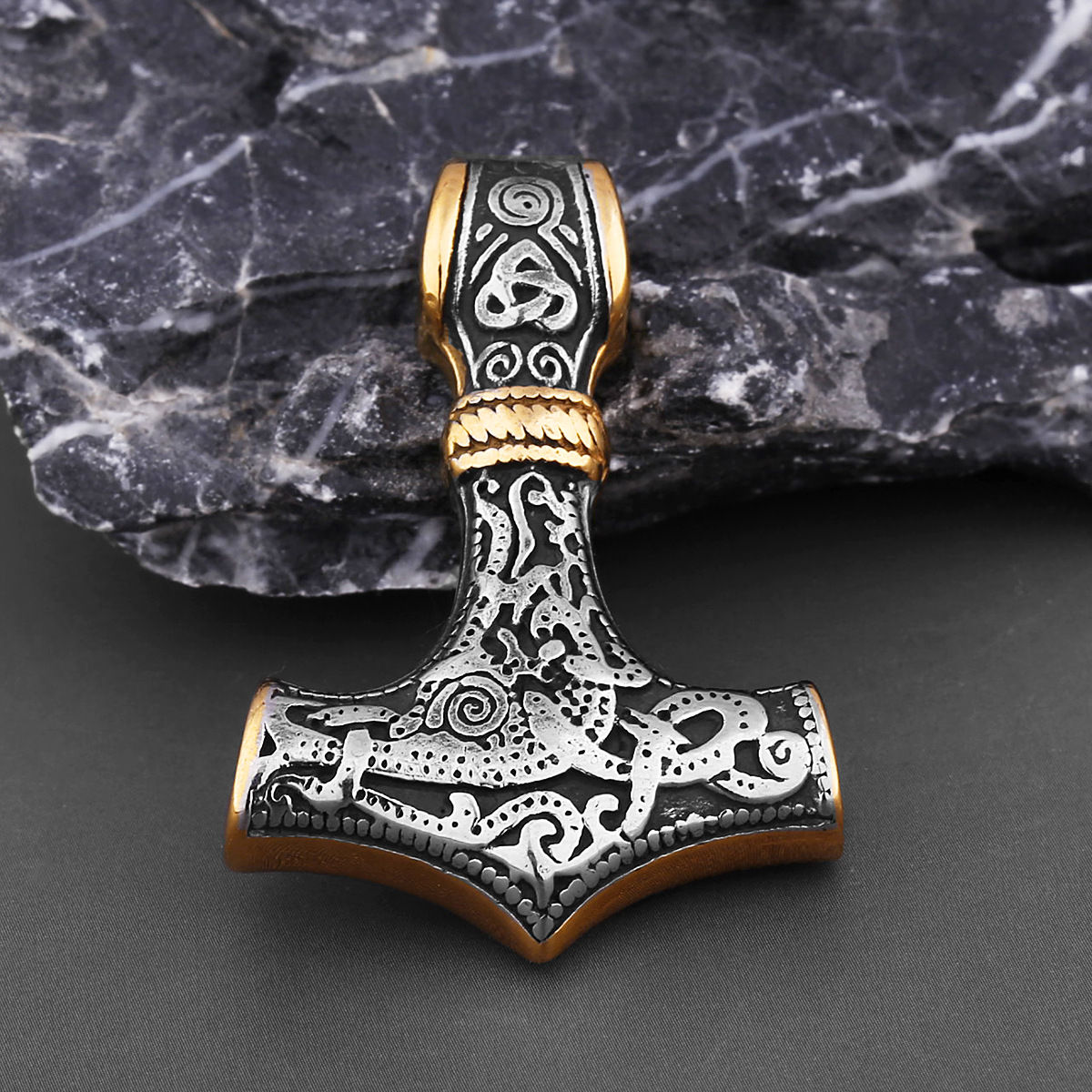 Norse Vikings Thor's Hammer Mjolnir Scandinavian Rune Amulet Necklace Stainless 