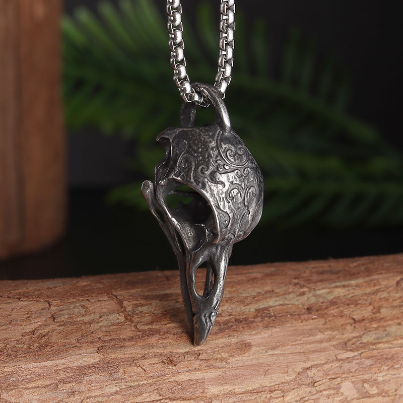 Thumbnail: Retro Gothic Crow Skull Necklace + Motorcycle Punk