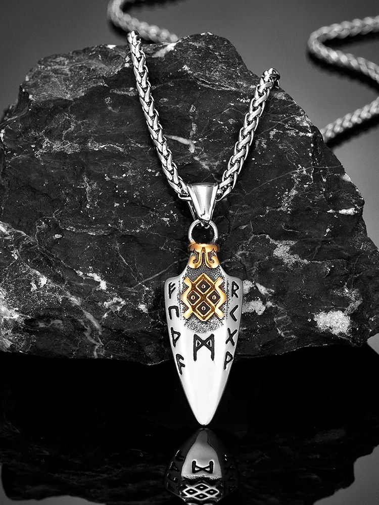 Thumbnail: Norse Runes Odin's Spear Gungnir Necklace Men Gold Color Arrowhead Pendant Valkn