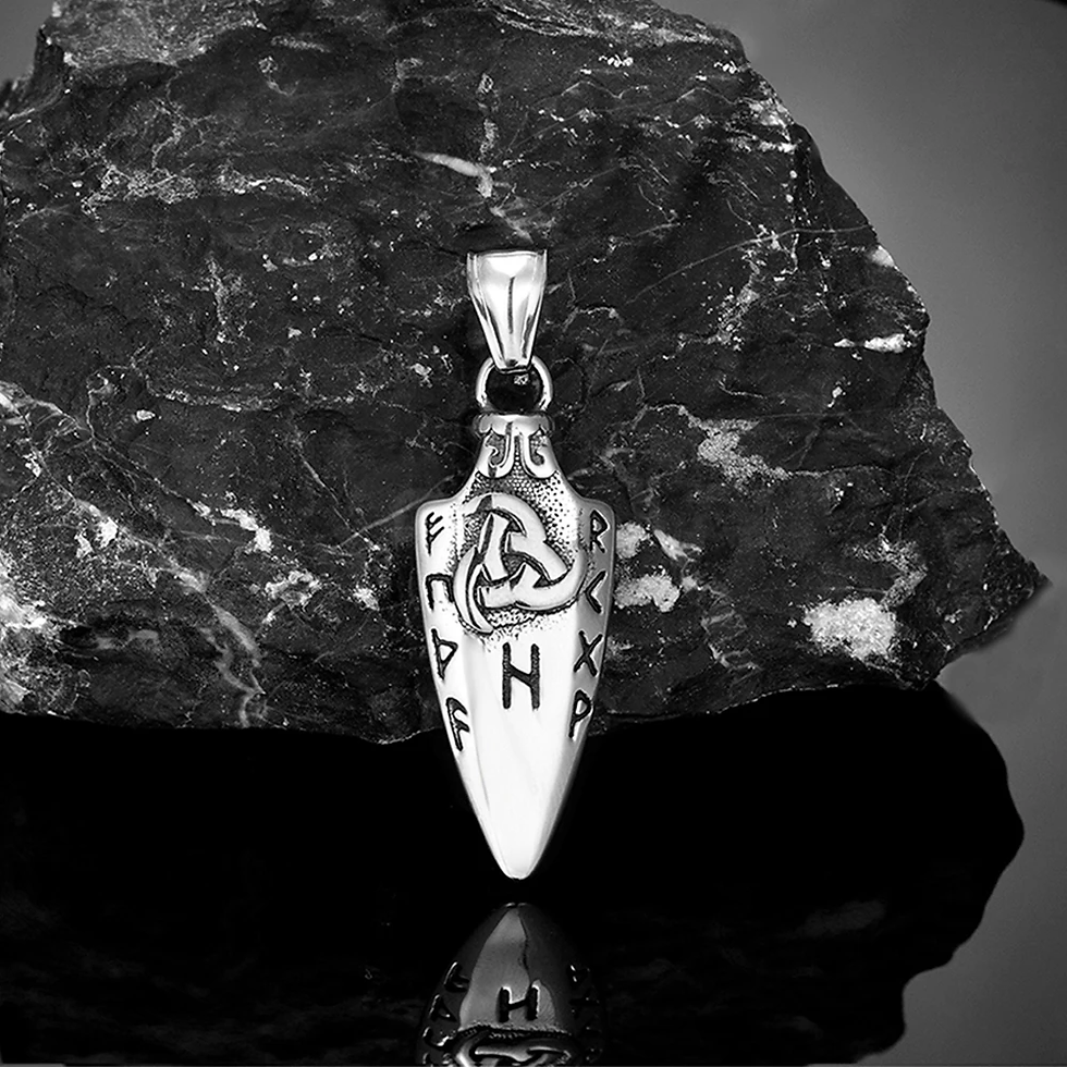 Thumbnail: Norse Runes Odin's Spear Gungnir Necklace Men Gold Color Arrowhead Pendant Valkn