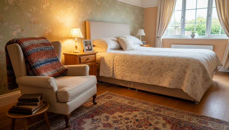 Wide-angle view of a quiet bedroom with soft lighting and a chair beside the bed