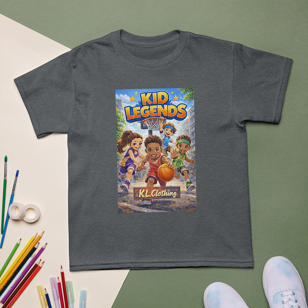 Thumbnail: Dark grey t-shirt, "KID LEGENDS" graphic showing cartoon basketball players, "KL Clothing".