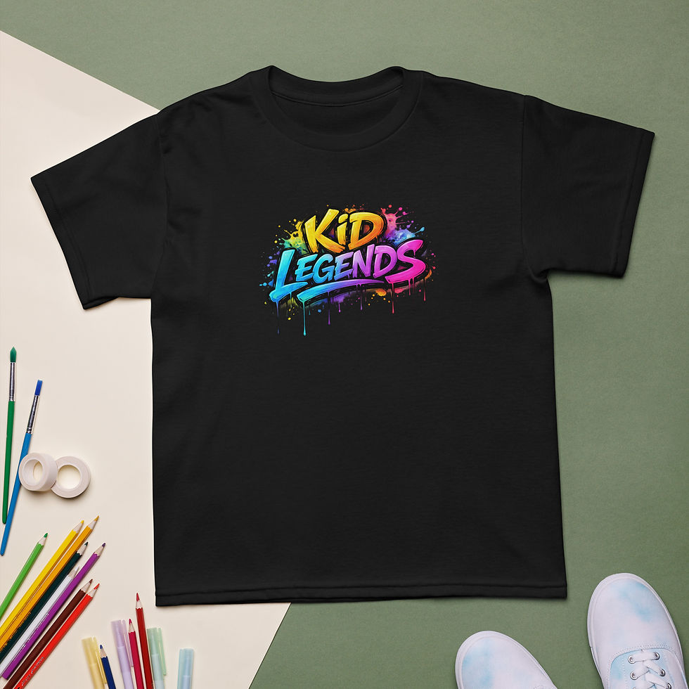 Black t-shirt, "KID LEGENDS" colorful splash font, with crayons and sneakers.