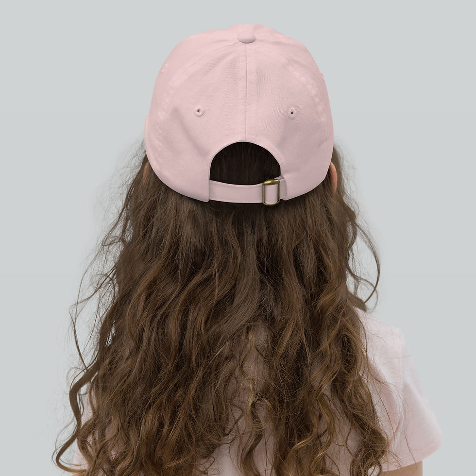 Thumbnail: Back of person with long curly brown hair and pink baseball cap.