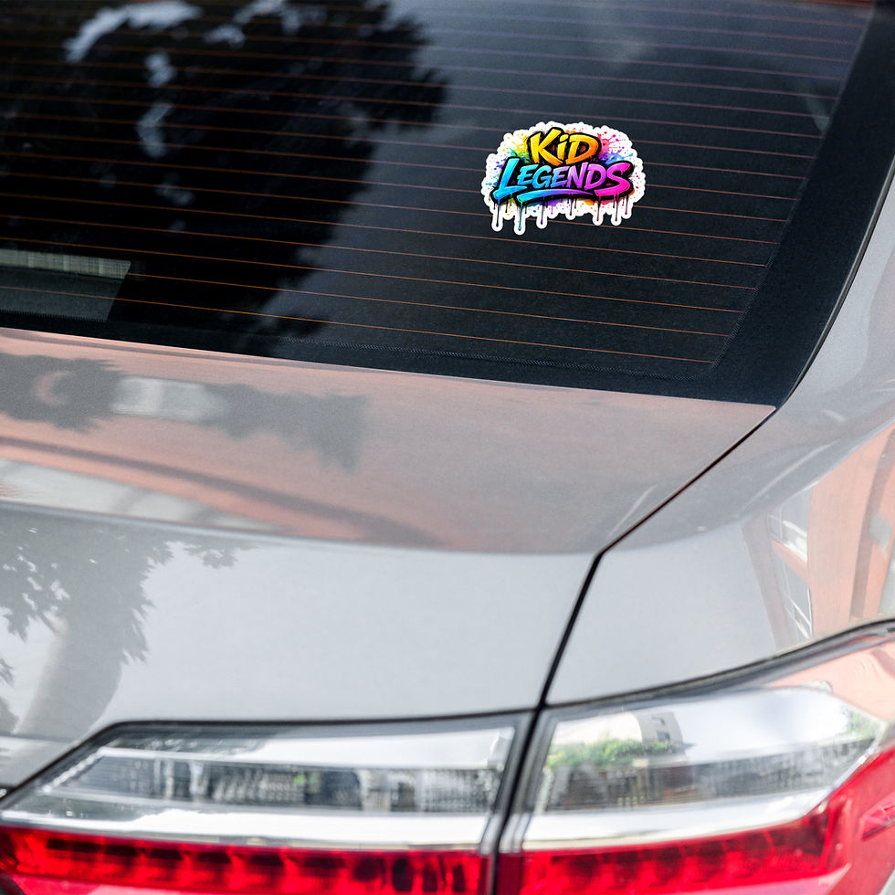 Thumbnail: Car sticker with "KID LEGENDS" text, colorful drippy design on rear window.