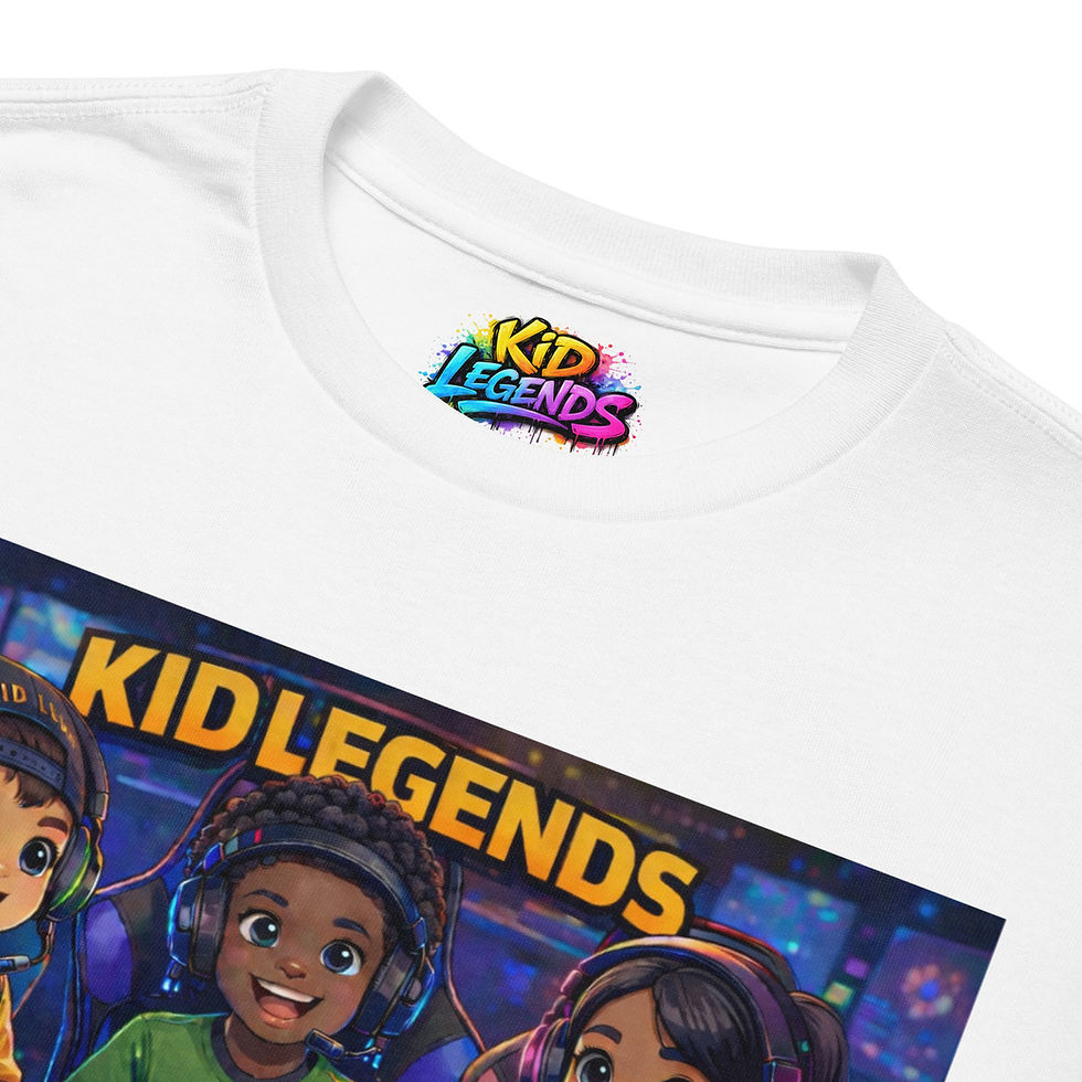Thumbnail: White t-shirt, "KID LEGENDS" collar logo, graphic of diverse gamer kids.