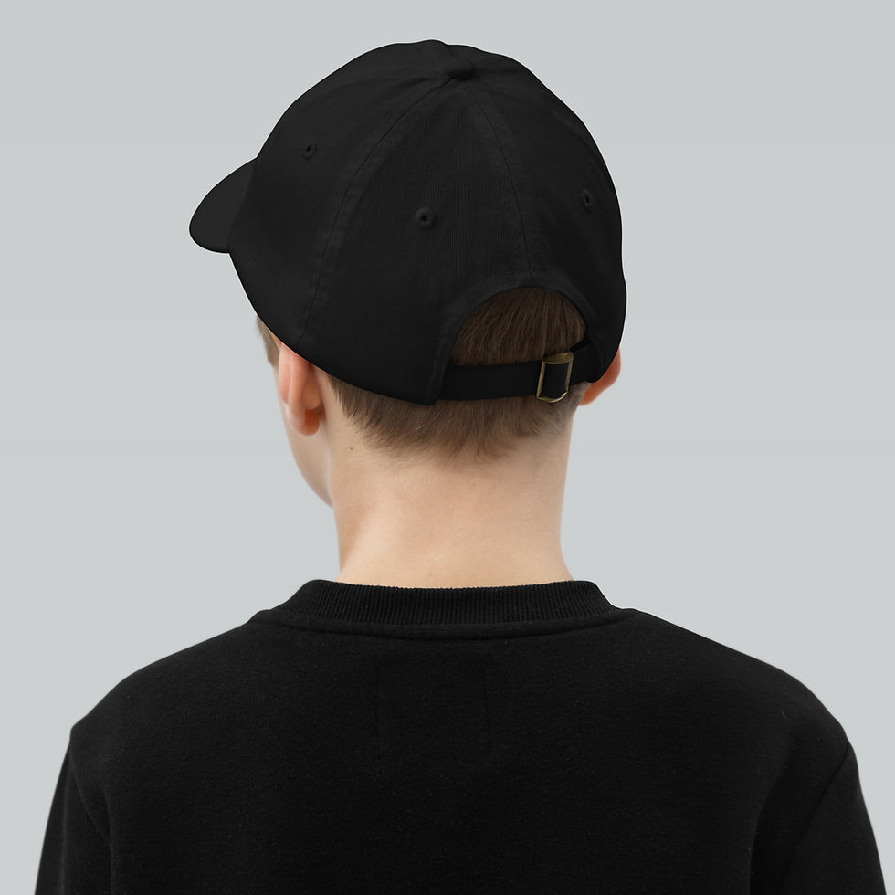 Thumbnail: Rear view of person wearing plain black baseball cap, gray background.