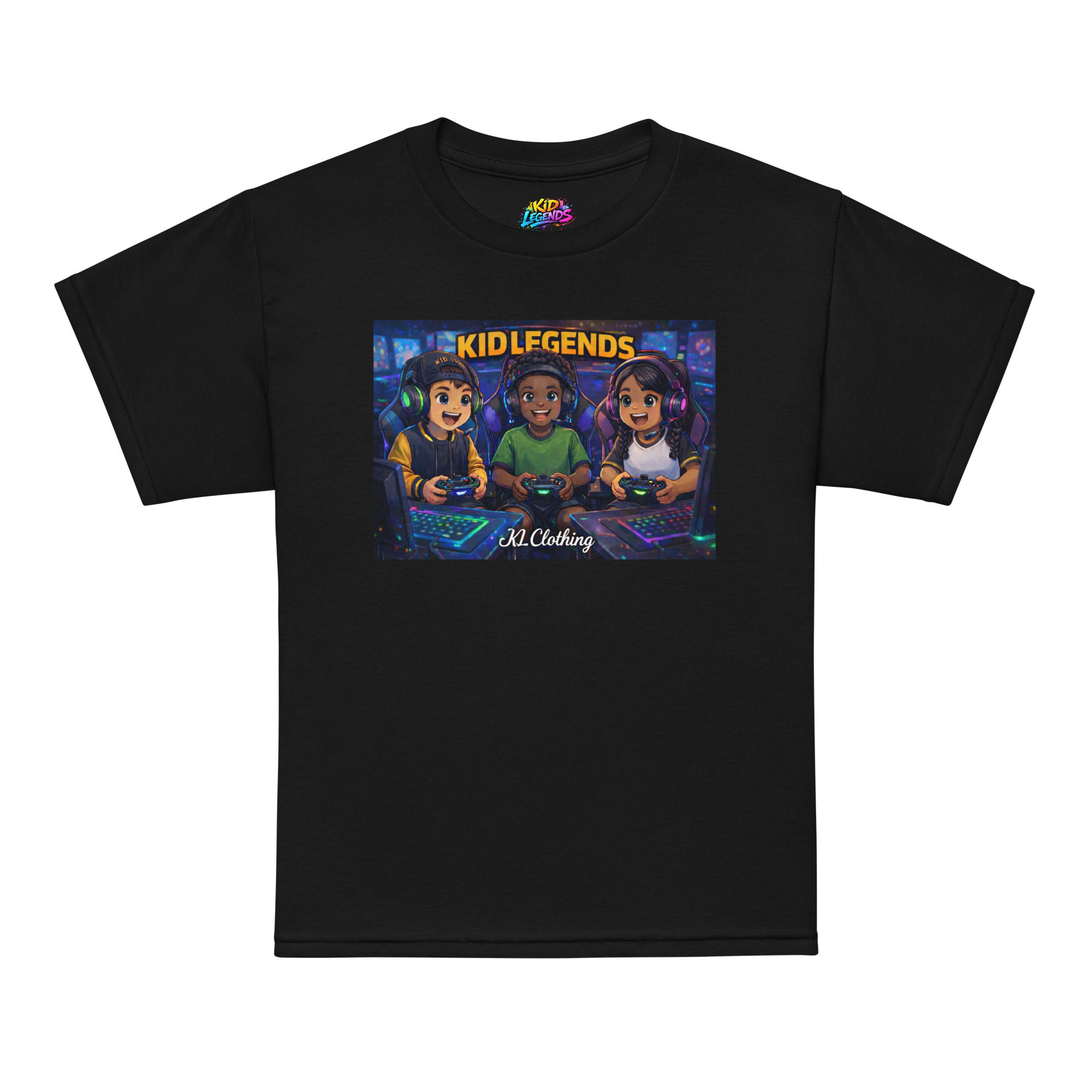 Black t-shirt, "KID LEGENDS" graphic: three kids playing video games, "LL Clothing".