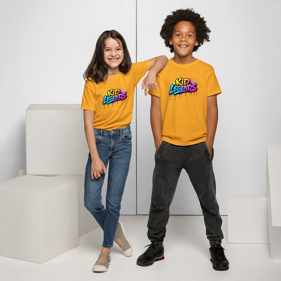 Thumbnail: Two smiling children wearing yellow "YO LEGENDS" t-shirts.