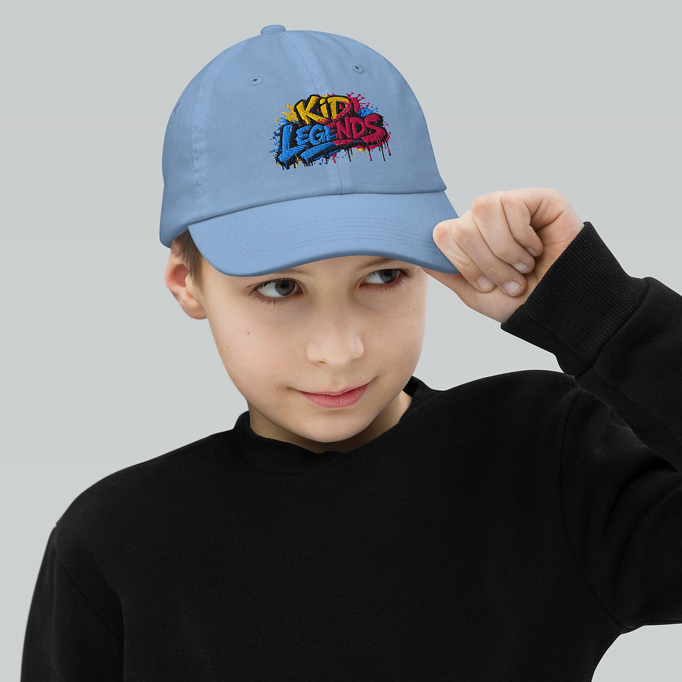 Thumbnail: Boy adjusts light blue cap featuring colorful 'KID LEGENDS' graffiti logo.