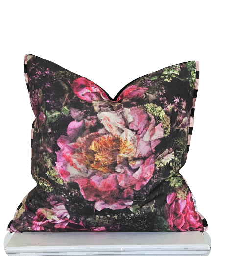 Thumbnail: designer guild romaunt rose fuchsia cushions, pink roses, pink and black, upriver cushions, inky sketches, black velvet,
