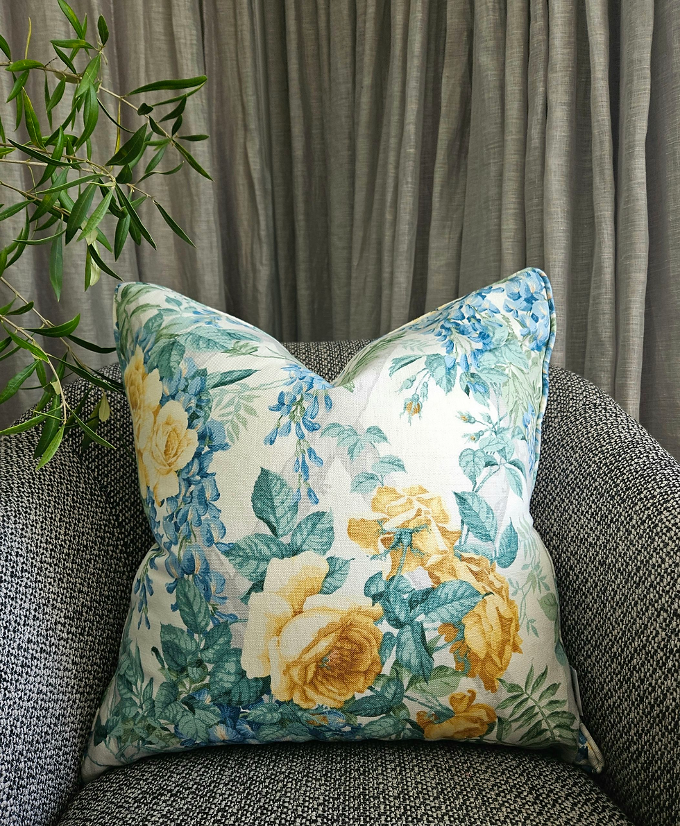 Thumbnail: blue wisteria and yellow roses on a cream background make a lovely scatter cushion for your interior decor