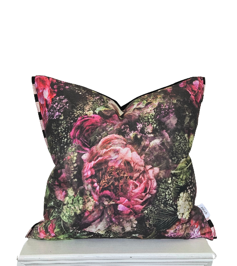 Thumbnail: designer guild romaunt rose fuchsia cushions, pink roses, pink and black, upriver cushions, inky sketches, black velvet,