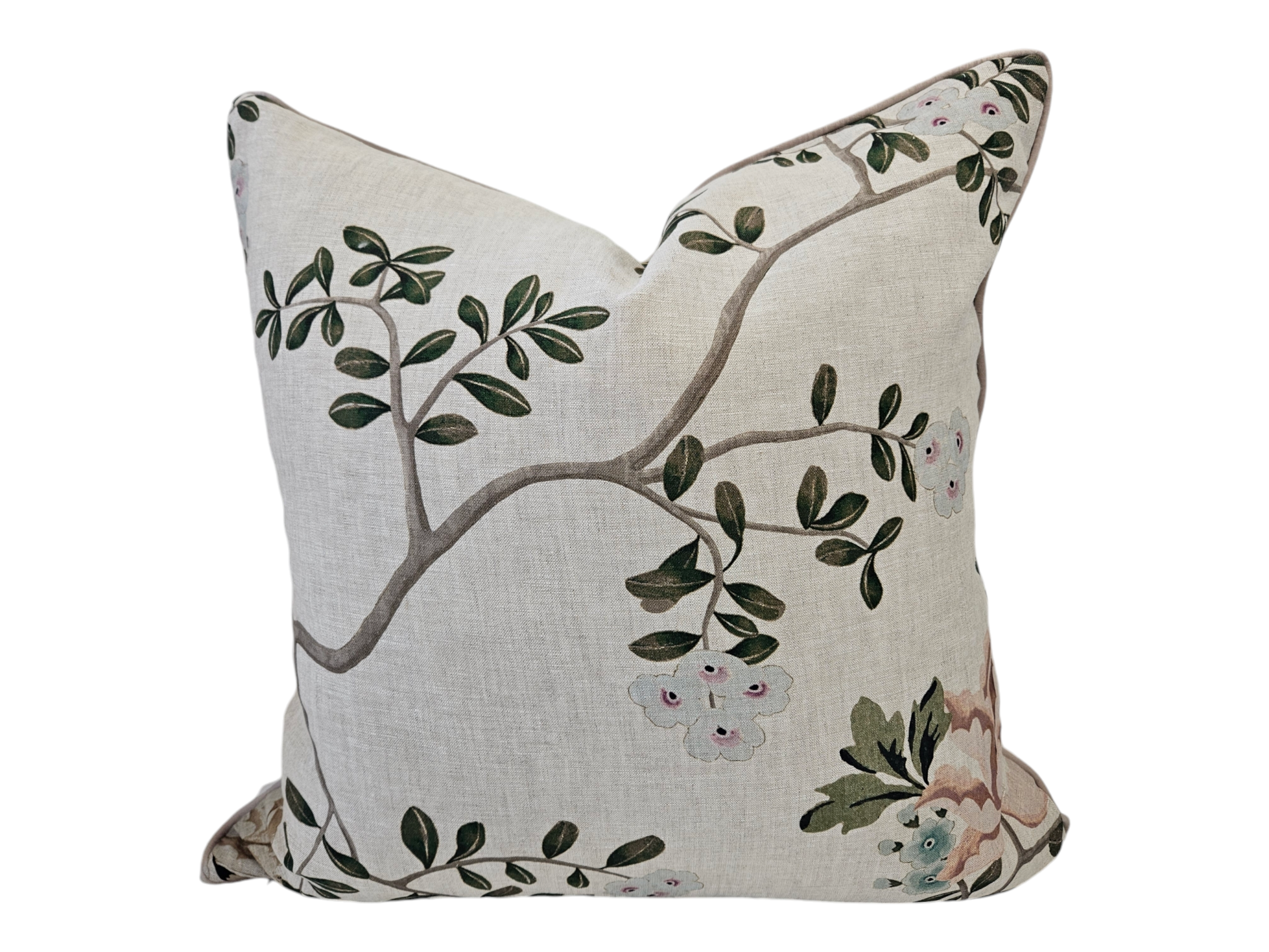 lovely japanese  blossoms on linen cushion cover, a background of light beige and soft pink flowers, contemporary decor