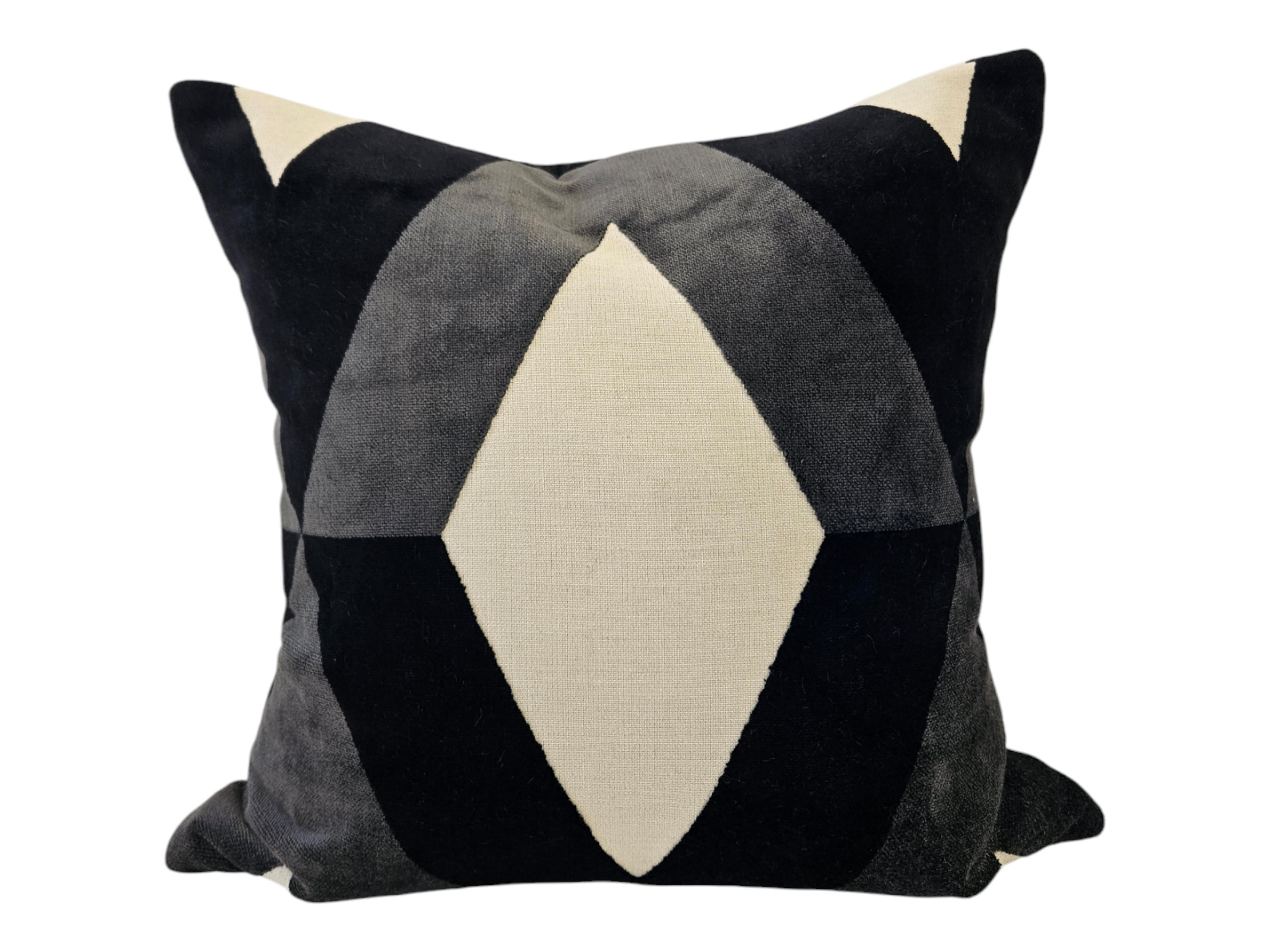 black, grey and beige geometric designer cushion. Velvet and linen cushion. designer home decor
