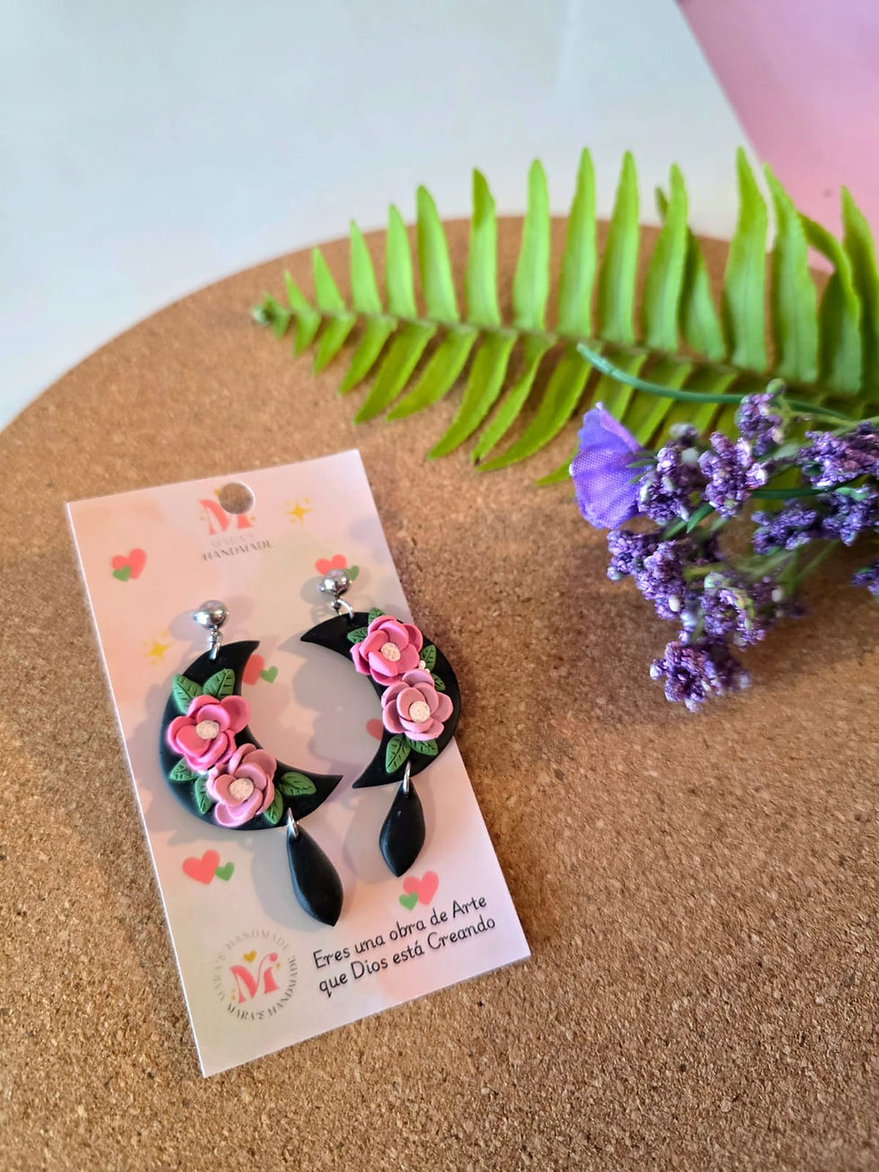 Thumbnail: Flowers in a Black Crescent Moon/ Polymer Clay Dangles Earrings
