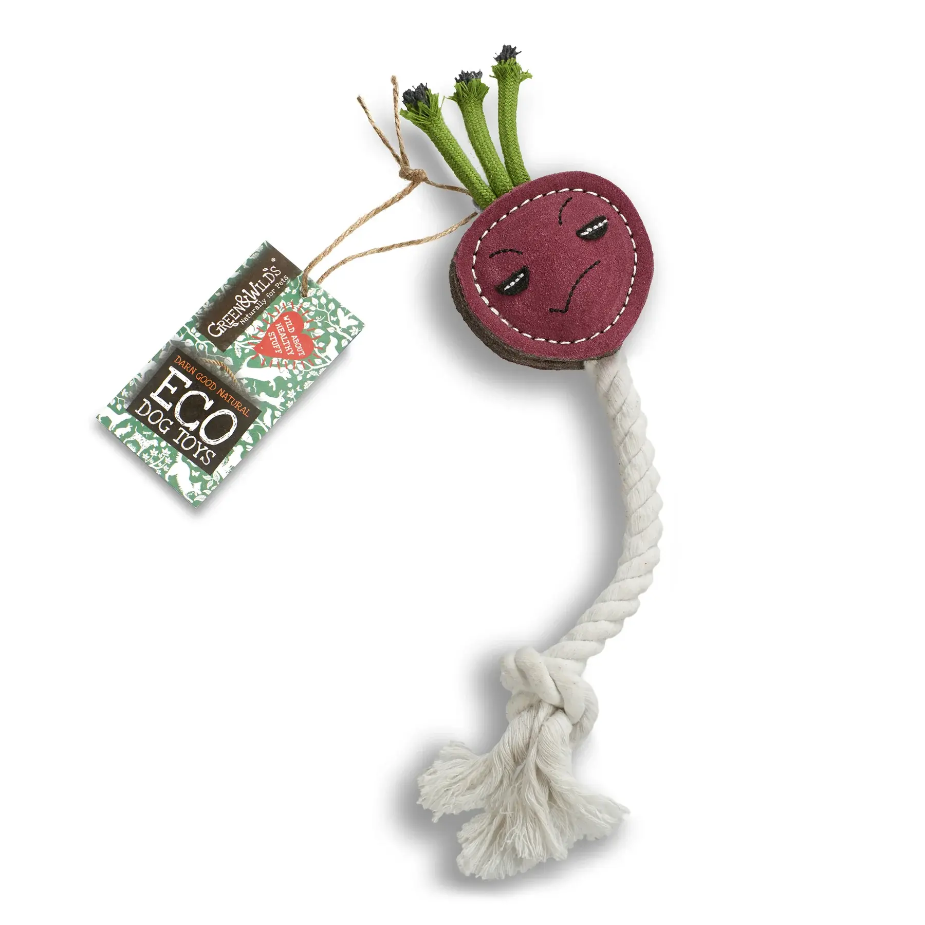 Green & Wild’s Ruby the Radish eco dog toy made from felt suede and jute rope for chew play