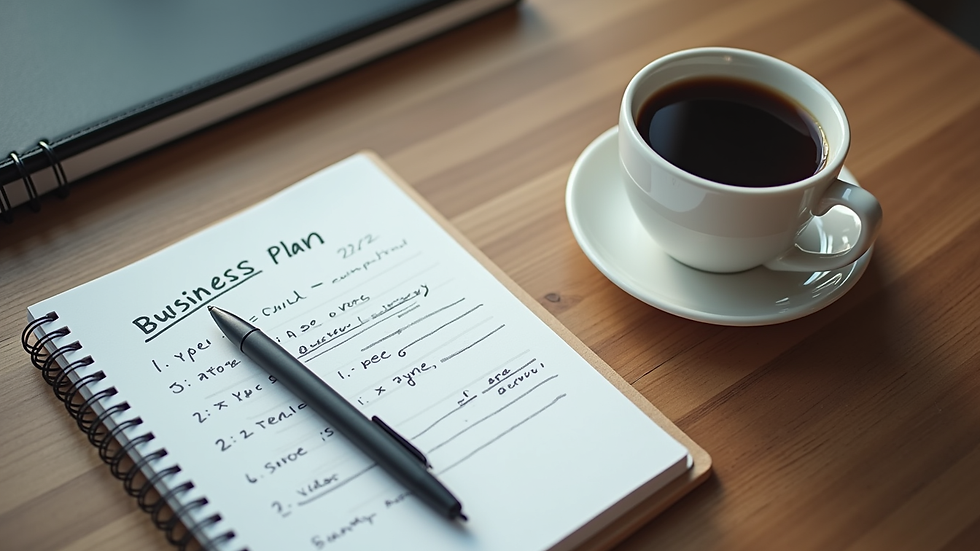 High angle view of a notebook with a business plan and a cup of coffee