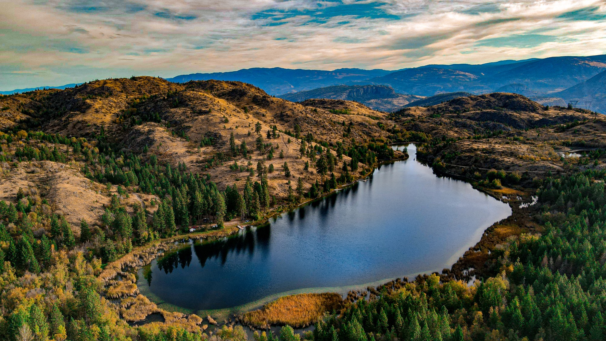 Aerial landscape of Madden Lake surrounded by pine forest and dry rolling hills in the South Okanagan near Penticton