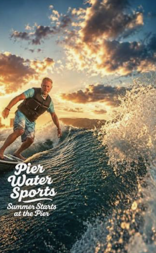 Wakesurfing action promotional visual on Okanagan Lake for Pier Water Sports, showcasing tourism content creation and adventure videography by Life Uncharted Studio