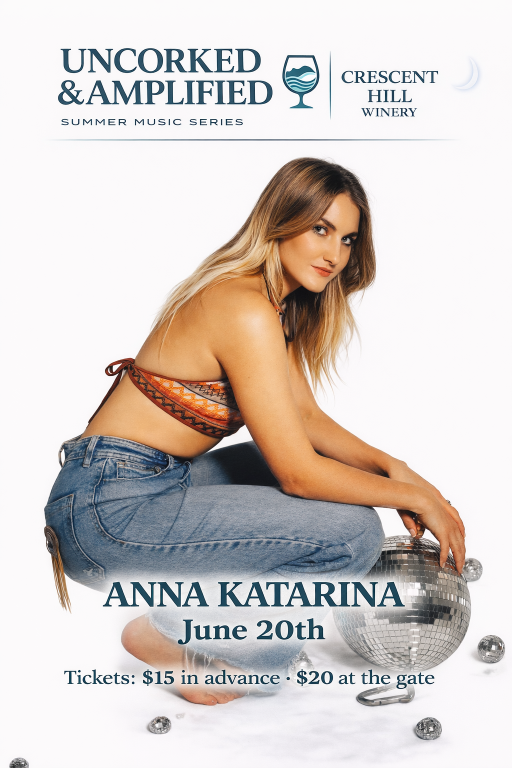 Anna Katarina June 20 Uncorked and Amplified summer music series promotional poster for Crescent Hill Winery in Penticton BC
