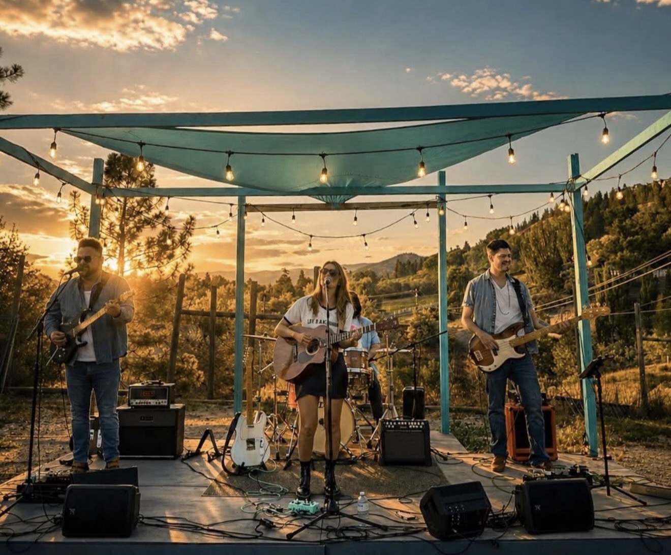 Outdoor four-piece band performing under string lights and a shade canopy at golden hour in the Okanagan
