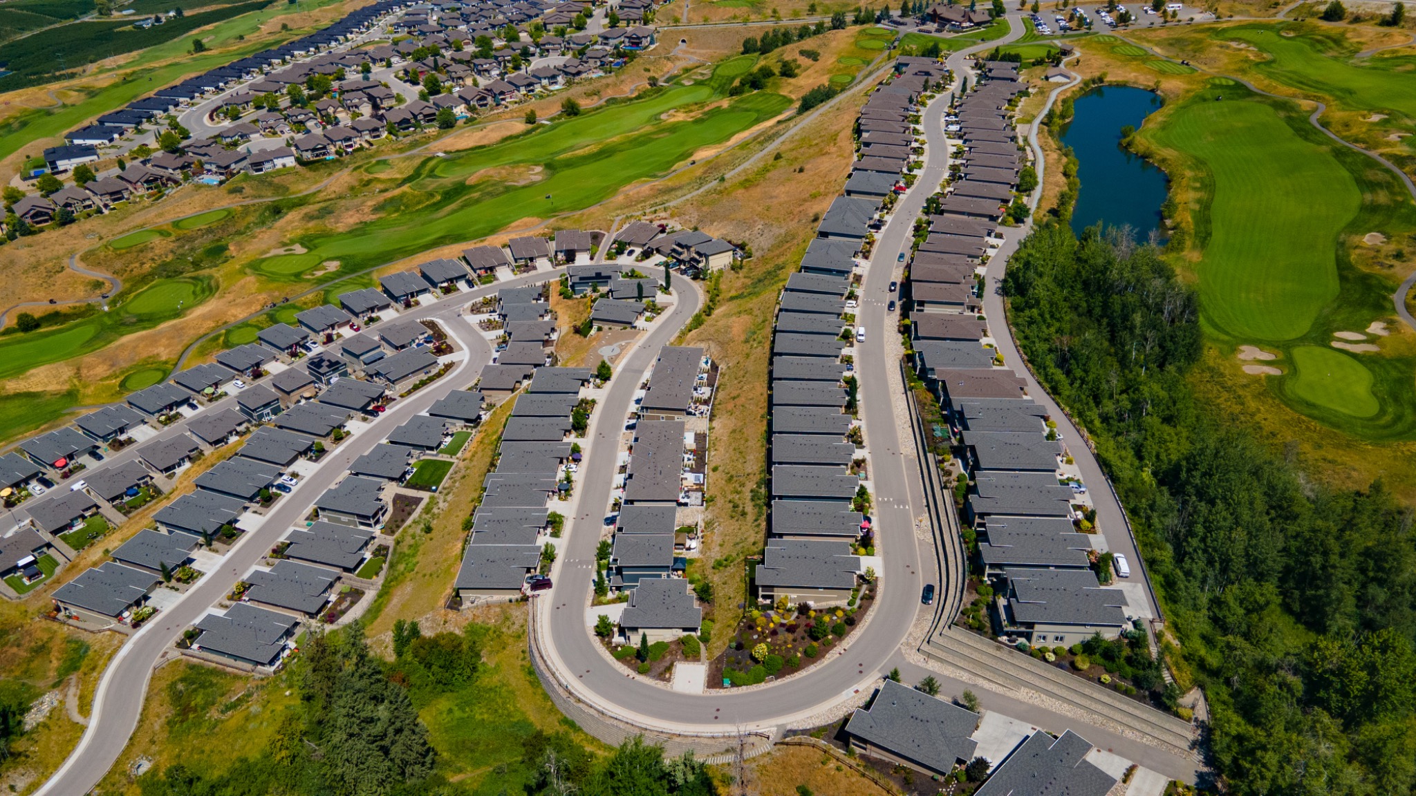 Aerial view of a residential neighbourhood and green golf course fairways