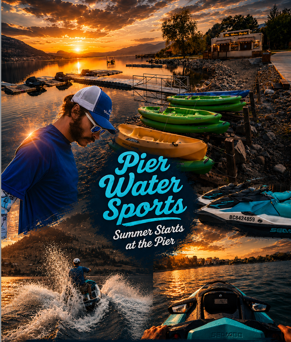 Pier Water Sports branded marketing collage with Sea-Doo, kayaks and wakesurfing, showcasing Penticton social media campaign design by Life Uncharted Studio