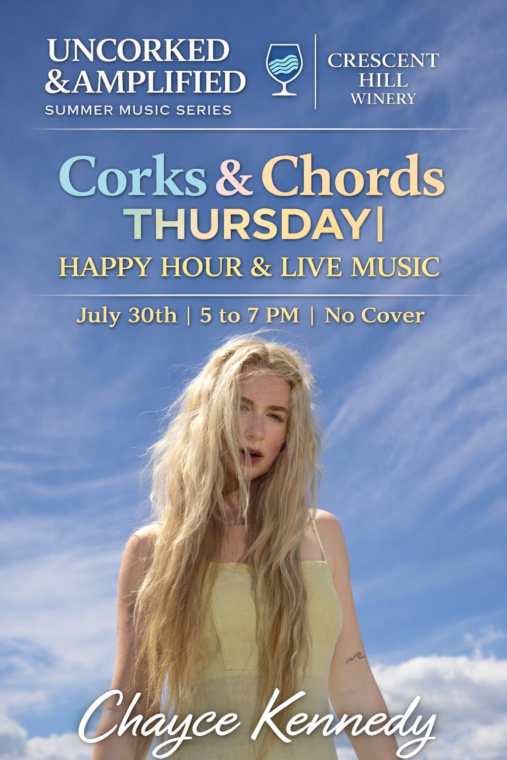 Chayce Kennedy Corks and Chords Thursday July 30 promotional concert poster for Crescent Hill Winery Penticton BC