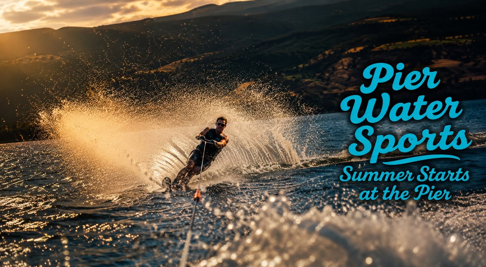 Pier Water Sports Penticton | Okanagan Lake Water Sports & Summer Marketing Content Pier Water Sports Penticton summer campaign artwork featuring a waterskier at golden-hour sunset on Okanagan Lake and the Summer Starts at the Pier slogan