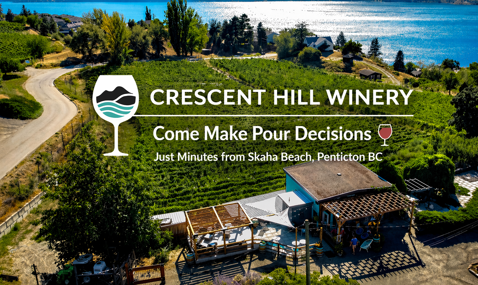 Crescent Hill Winery Penticton BC | Winery Branding and Event Marketing Crescent Hill Winery logo and vineyard aerial graphic overlooking the lake in Penticton BC